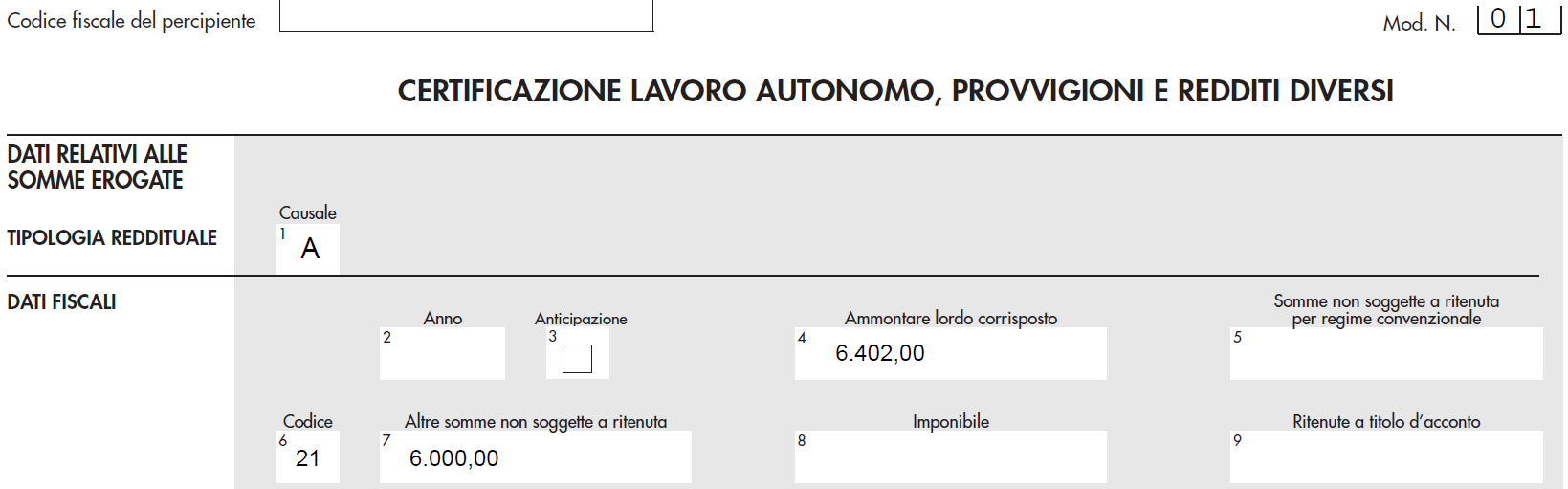 Fac simile compilazione cu professionista in regime dei minimi - prestazioni