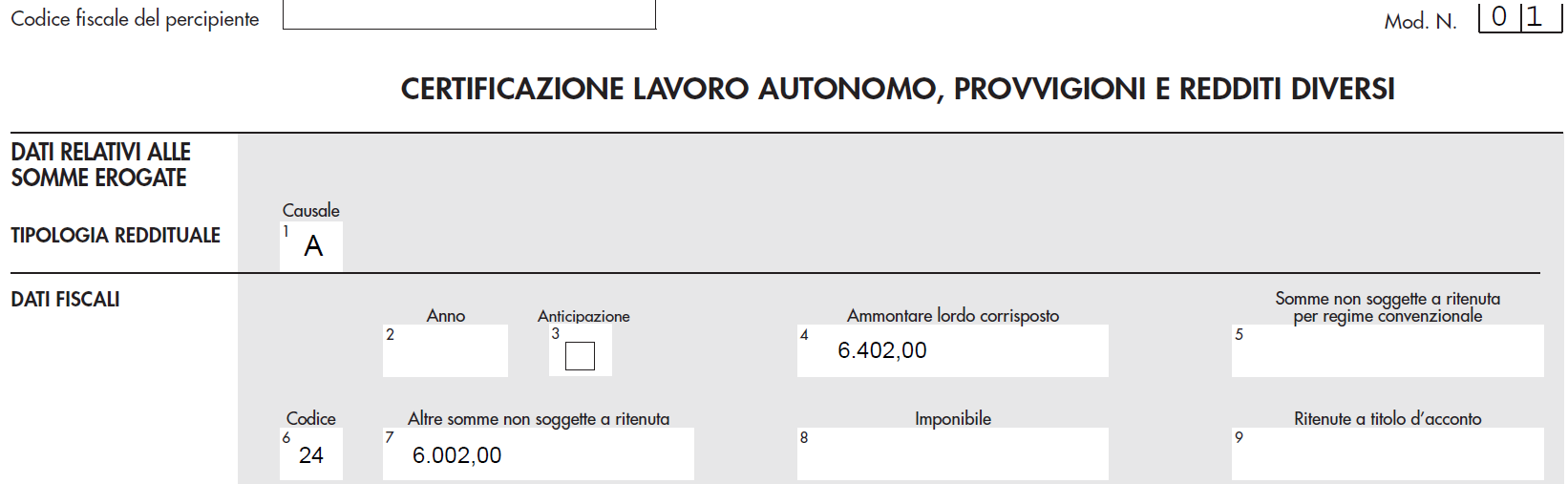 Fac simile per la compilazione CU 2024 di un professionista in regime forfettario - prestazioni e bolli